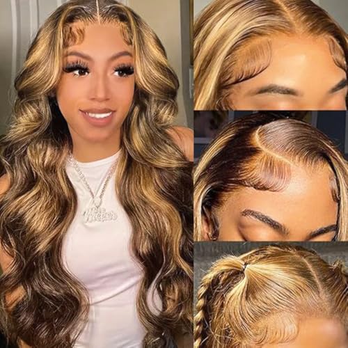 Honey Blonde Lace Front Wig Human Hair 13x4 HD Body Wave Highlight Lace Frontal Wigs Human Hair Pre Plucked With Baby Hair 180% Density Body Wave 4/27 Glueless Human Hair Wigs For Women 26inch