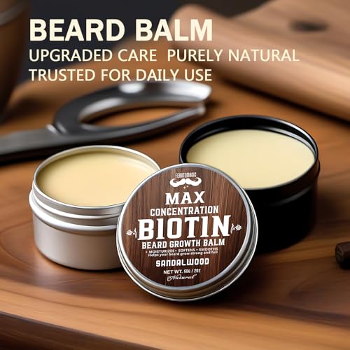 2 Pack Biotin Beard Balm Set for Men ? Natural & Sandalwood Butters ? Non-Itchy, Moisturize, Strengthen & Shape Beards ? Grooming Gift Set for Father's Day, Anniversaries, Christmas