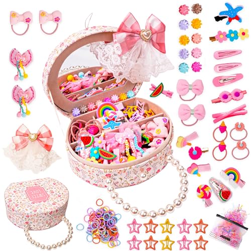 Girls Jewelry Set with Hair Accessories: Clips, Barrettes, Ties, Bows, and Round Jewelry Box - Christmas Gift for Ages 3-12