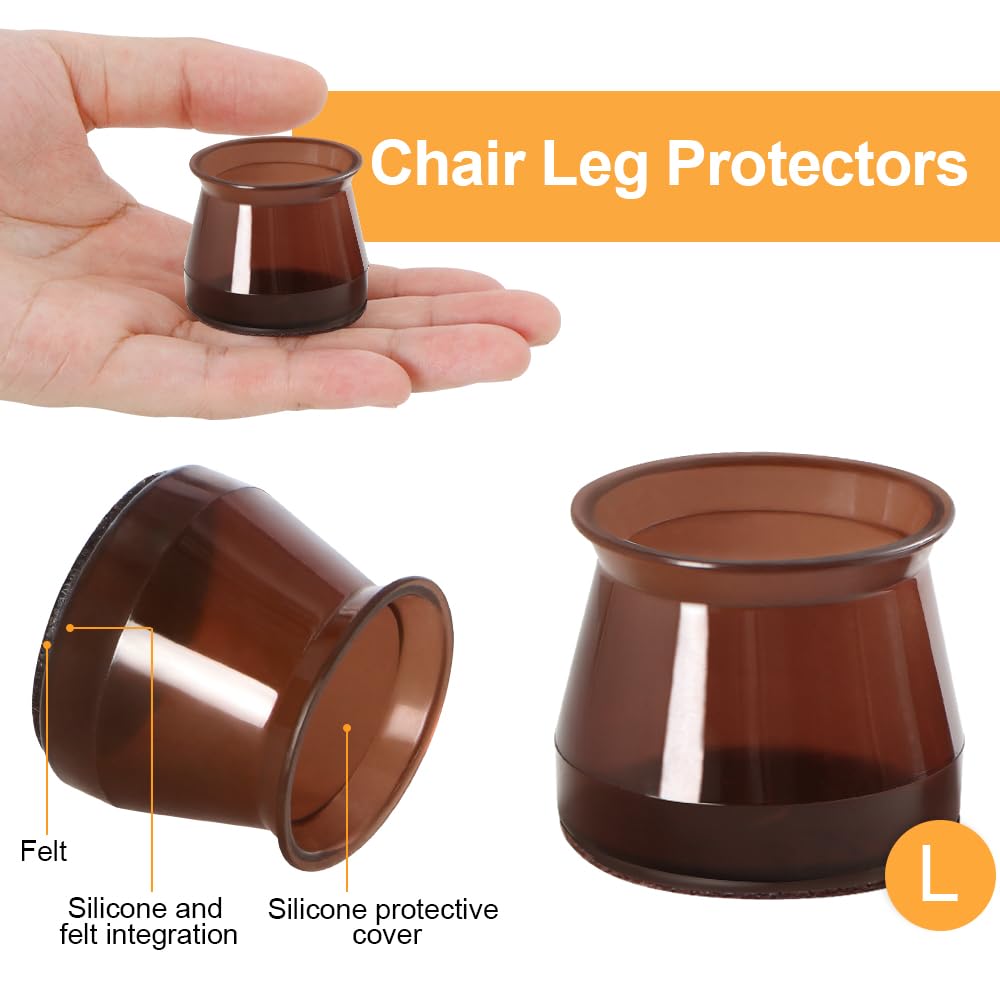 32 Pcs Silicone Chair Leg Floor Protectors for Hardwood Floors, Brown Felt Bottom Chair Leg Covers, Free Moving Table Leg Covers, Stool Leg Protectors Caps（Large fit : 1.3'' - 2''）