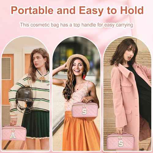 TOPEAST Travel Makeup Bag, Large Capacity Initial Cosmetic Bags for Women, Waterproof Portable Pouch Open Flat Toiletry Bag Quilted Make up Organizer with Divider Handle, Birthday Gift for Women, T