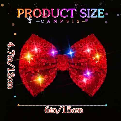 Campsis Light Up Hair Bow Clip, Red Sparkly Sequin Bowknot Hair Piece, Carnival Festival Costume Hair Accessories for Women(Red)