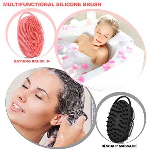 2 Pack Silicone Body Scrubber, Loofah Double-Sided Body Brush,Shower Scrubber and Scalp Massager Shampoo Brush for Sensitive Kids Women Men All Kinds of Skin (Black & Pink)