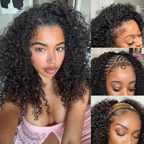 Glueless Half Wigs Human Hair Kinky-Curly Headband Wig Upgrade 3 In 1 Half Wig with Drawstring Seamless Clip Ins Flip Over 200 Density Curly Human Hair Wig For Black Women 22 Inch