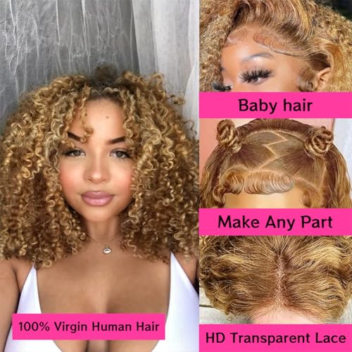 Curly Bob Wig Human Hair For Beginners Glueless Wigs Human Hair Pre Plucked Pre Cut 4/27 Highlight Ombre Honey Blonde 200 Density 13x4 Deep Curly Lace Closure Short Bob Wigs 8 Inch