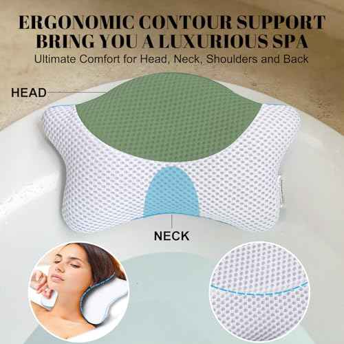 Non Slip Bath Pillow, Luxury Spa Bathtub Head & Neck Rest Support, Permeable Quick Drying Air Mesh Tub Pillow with 4 Large Suction Cups, Fits Any Tubs, Soft and Relaxing