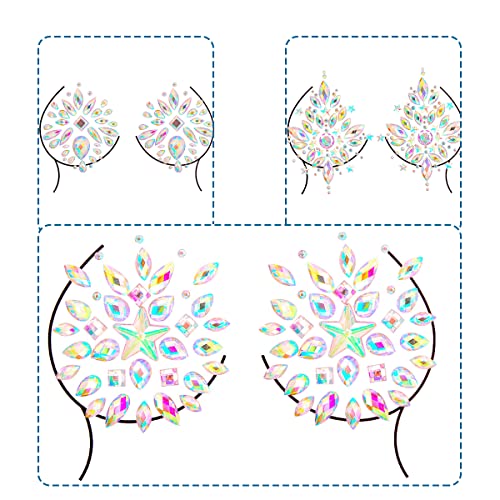 Temporary Tattoo Stickers Jewels Rhinestone Festival Accessories DIY Self Adhesive Crystal Body Jewelry Stickers Makeup Stick Gems Glitter Flower Chest Stickers For Women and Girls 3Pcs