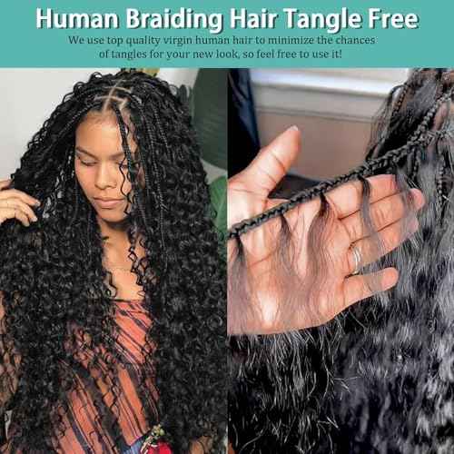 Human Braiding Hair for Boho Braids Human 110g 20 Inch Curly Boho Hair for Braiding Knotless 12A Deep Wave Bulk Bohemian 3 Bundles/Pack Natural Color