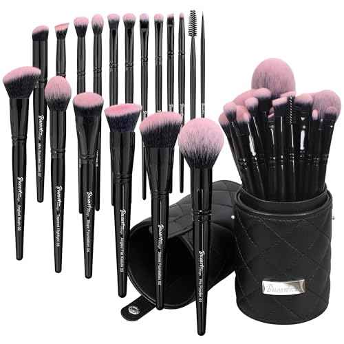 Bueart Design 18Pcs Pro Deluxe Fuchsia Pink Black Makeup Brushes set with Travel Make up Brush Holder case Foundation concealer contour Blush eyeshadow face make up brush set