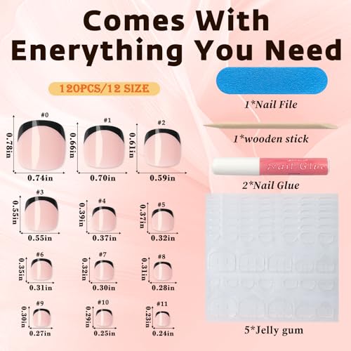 Black French Tip Press on Toenails, 120Pcs French Toe Nails Press on with Glue, Glossy Short Square Nude Fake Toenails Full Cover Acrylic Artificial Toenail for Women Girls