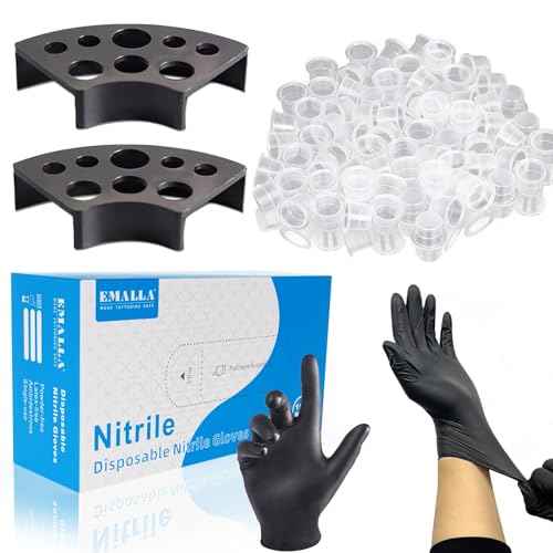 300pcs Disposable Tattoo Ink Cups (8mm/11mm/15mm) + 2 Black Ink Caps Holders + 100 Black Nitrile Gloves, Complete Tattoo Supplies Kit for Artists & Studio