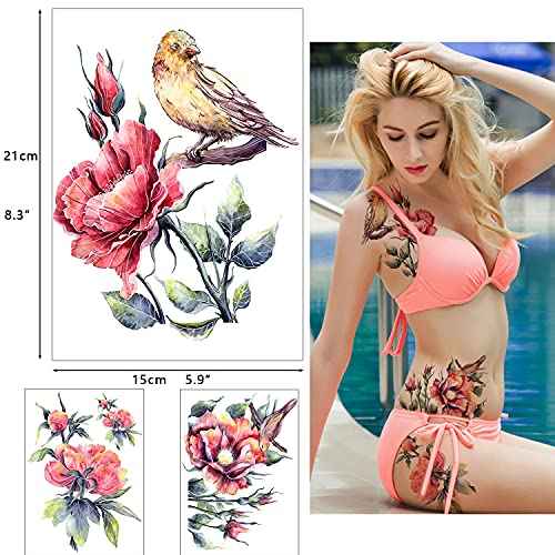 Glaryyears Large Vivid Flower Temporary Tattoos for Women, 9-Pack White Ink Bright Vein Realistic Fake Tattoo Stickers, Perfect on Body Arm Thigh Waist or Rock Art Tumblers Glass