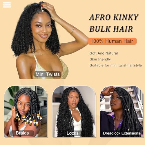 Afro Kinkys Bulk Human Hair 22 Inch for Braiding Afro Kinky-Curly Human Hair Bulk For Mini Twist, Repair Locs Hair Bulk Human Braiding Hair for Micro Dreadlocs Extensions(1B,35g/pack)