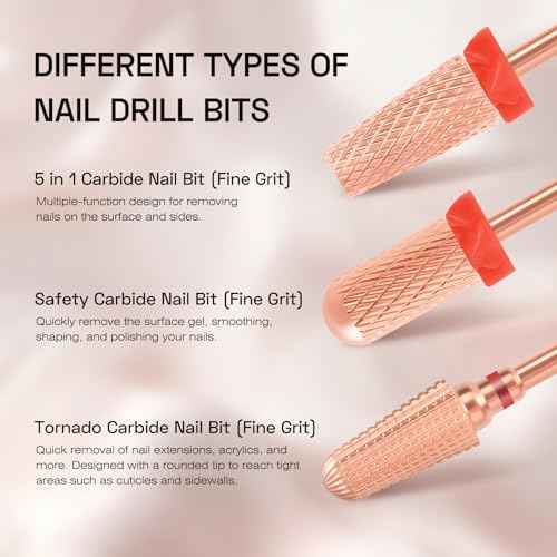3pcs Nail Drill Bits Set, 3/32'' Carbide Tungsten Nail Bits, Professional 5 in 1 Bit, Smooth Round Top Large Barrel Safety and Tornado Bits,Fast Remove for Manicure Cuticle Acrylic Gel Polish