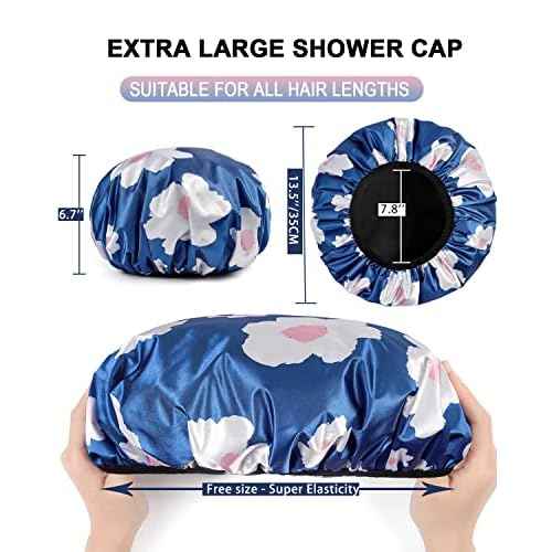 YIZIJIZI Terry Lined Shower Cap,Triple Layer Large Cap for Women,Shower Cap Reusable Waterproof,Long Thick Hair(Blue)