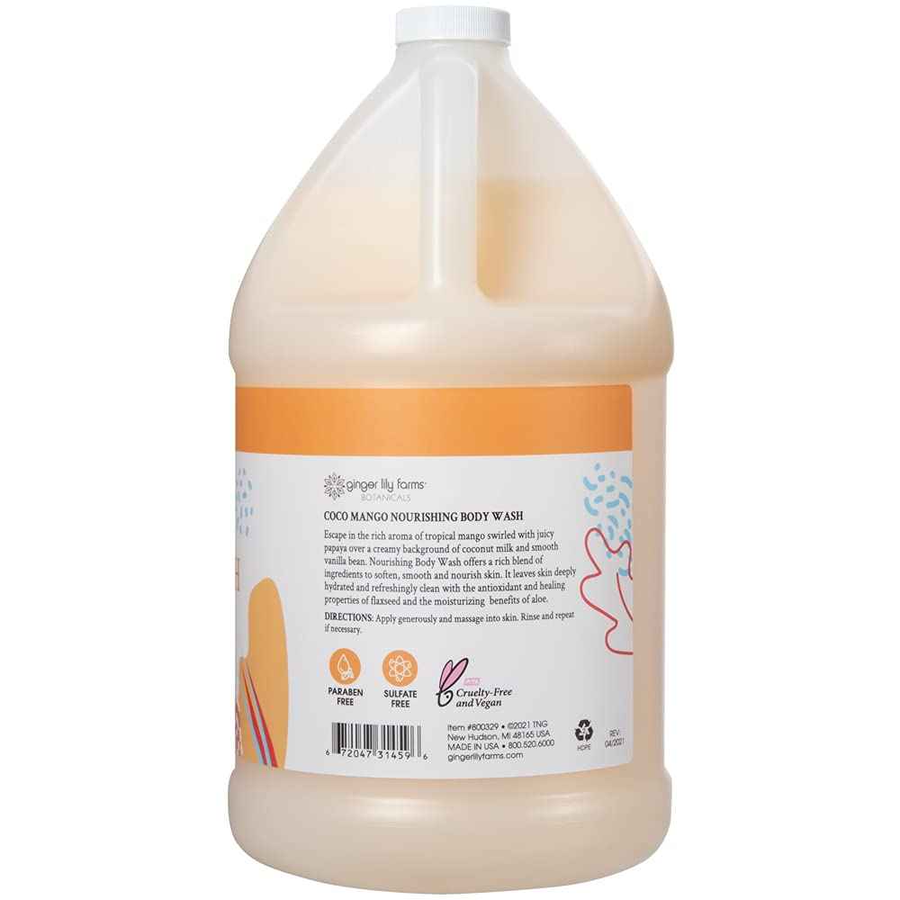 Ginger Lily Farms Botanicals Nourishing Body Wash, Coco Mango, 100% Vegan & Cruelty-Free, Coconut Mango Scent, 1 Gallon Refill 128 Ounce (Pack of 4)