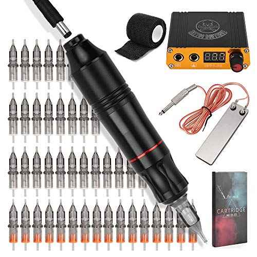 Rotary Tattoo Machine Kit, ATOMUS Tattoo Pen Style Cartridge Machine Gun Liner Shader with Power Supply 50pcs Mixed RL RS Cartridge Needles Foot Pedal DC Cord Bandage (Black)