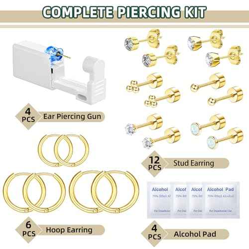 26 Pcs Ear Piercing Kit Ear Disposable Piercing Gun Kit Includes 4 Pcs Self Piercing Gun 18 Pcs Cubic Zirconia Earrings Stud Hoop Earrings 4 Cleaning Pads Easy-to-Use Ear Piercer Kit Tool