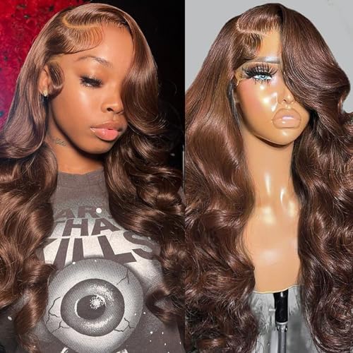 13x6 Chocolate Brown Body Wave Lace Front Wigs Human Hair Pre Plucked 180% Density HD Lace Frontal Wigs with Baby Hair Glueless Brown Wigs for Women 22Inch