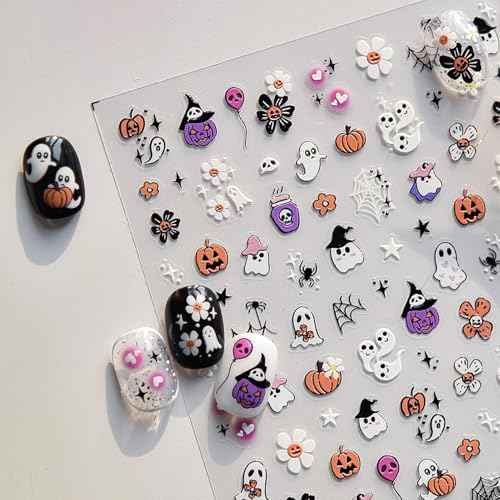 5D Embossed Halloween Nail Art Stickers Cute Ghost Nail Decals Self-Adhesive Pumpkin Skull Flower Spider Web Nails Design Stickers Halloween Nails Supplies for Women Holiday Manicure Decorations