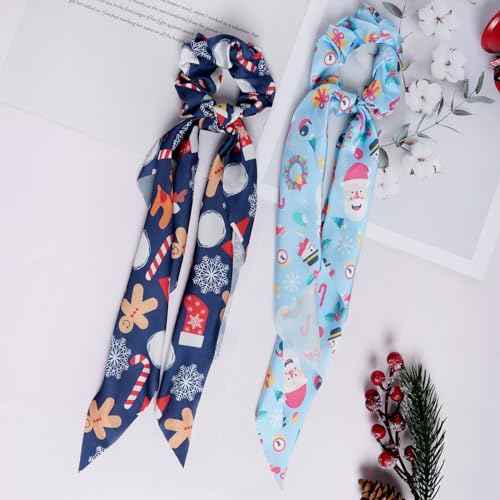5Pcs Christmas Pattern Hair Scarf Scrunchies Elastic Hair Ribbon Ties for Woman Girls Holiday Hair Scarves Ponytail Holders Accessories