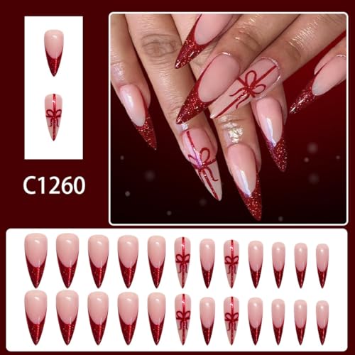 Christmas Nail press ons Red Fake Nails Long Stiletto False Nail with Bow Design Glitter Glue on Nails Artificial Acrylic Full Cover Stick on Nail for Women Girls Xmas Manicure 24Pcs