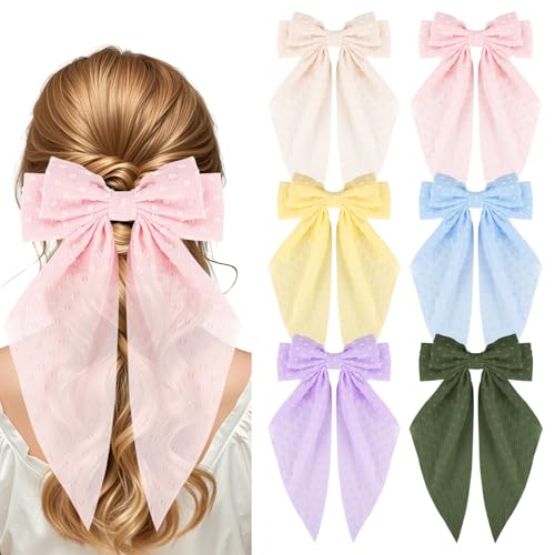 6PCS Big Bows Hair Clips Vintage Large Ribbon Bow Clips Cute Oversized Satin Hair Clips with Long Tails Hair Aesthetic Accessories for Women Lady Girls (Style 4)
