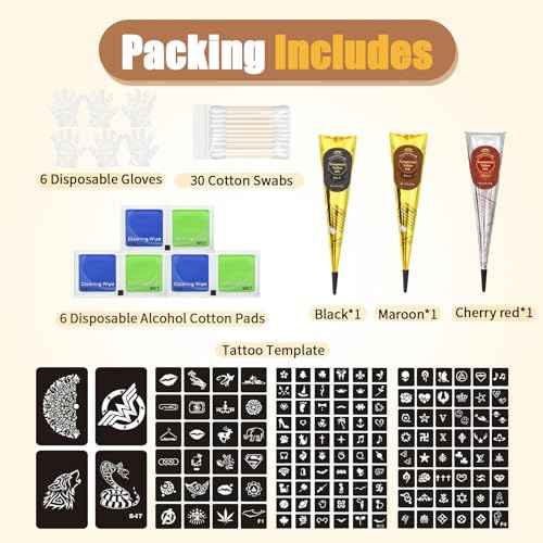 136 Pcs Temporary Tattoo Stencils Kit, 3 Pcs Tattoo Cones 3 Color (Black/Maroon/Cherry Red/) Reusable Templates and Cotton Swabs, DIY Body Art Skin Painting Designs for Women Men Adults Kids Gifts