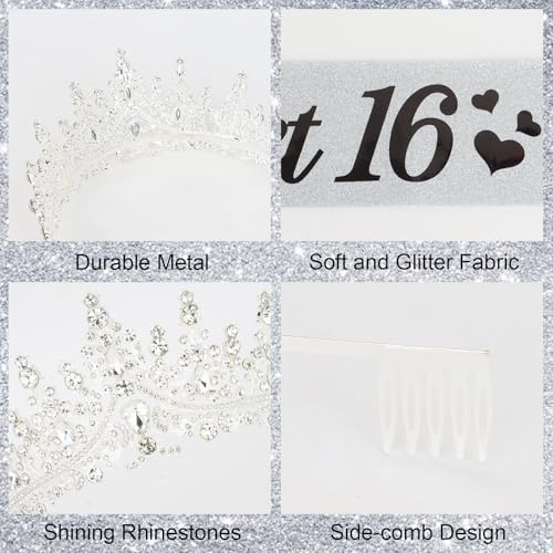 CURASA 16th Birthday Sash and Crown Silver Sweet 16 Sash 16th Birthday Tiara for Women Girls Sweet 16 Decorations Party Supplies