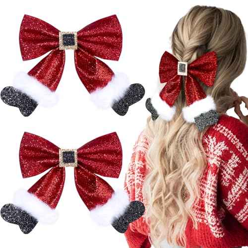 2Pcs Sparkly Sequin Big Hair Bow Clip, Red Hair Bow Hairpin, Glitter Christmas Bows Barrettes - Christmas Hair Accessories for Girls & Women Xmas Party Gifts