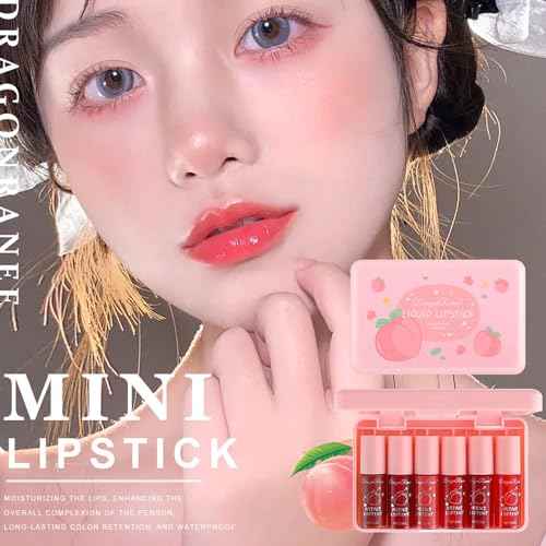 Eakroo 6 Colors Peach Lip Stain Set, Korean Lip Gloss Mini Liquid Lip Tint, Lipstick for Women, Liquid Blush, Lip Plumper, Lip Stain Long Lasting Waterproof, High Pigment, Vivid Color, Cute Stuff