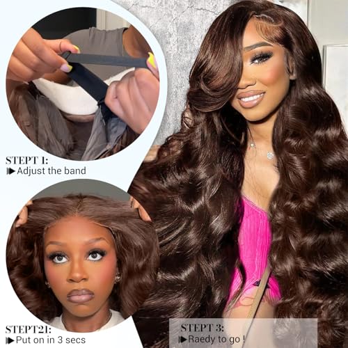 LuAiJa Brown Body Wave Glueless Wig Human Hair 9x6 Wear and Go Glueless Human Hair Wig Chocolate Brown Pre Plucked Pre Cut Wig Human Hair 30 Inch Dark Brown Body Wave Wig For Black Women 221% Density