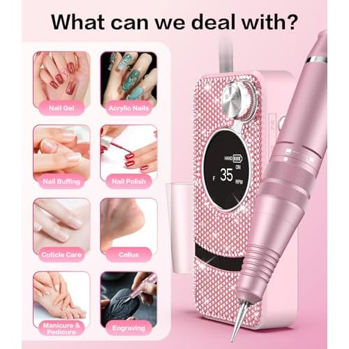 Professional Electric Cordless Nail Drill File with 11 Nail Drill Bits, 35000RPM DIY Glitter e Filer for Nails Kit Machine for Acrylic Nails Gel Polishing for Manicure Salon Home