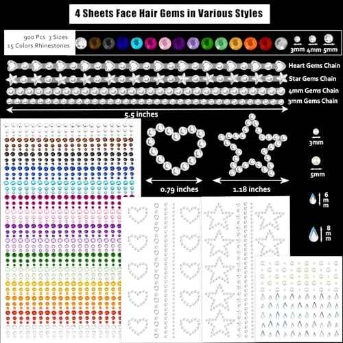 1038 Pcs of Hair Face Gems Rhinestones Pearls Stick on 15 Colors Hearts Star Gems Stickers Self Adhesive Face Hair Jewels, Stick on Rhinestones Pearls Stickers for Hair, Face, Festival Makeup, Crafts