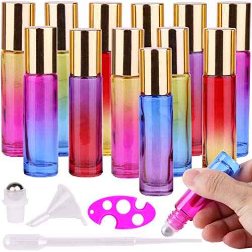 inice 12 Pack,Roller Bottles Gradient Color Glass Bottle for Essential Oils Applicator,10ml Roll on Bottle with Golden Metal Cap for Daily Care