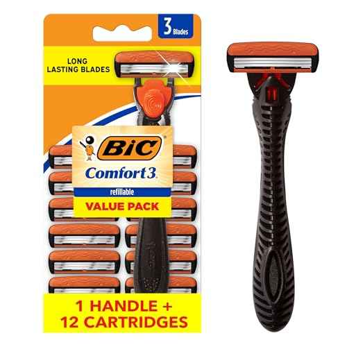 BIC Comfort 3 Men's Refillable 3 Blade Razors, Black Handle with Pivoting Head, 12-Pack