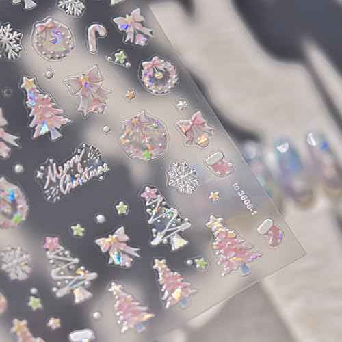 1 Sheet Pink Aurora Christmas Nail Art Sticker 5D Embossed Christmas Tree Snowflake Bowknot Cute Christmas Stocking Nail Decal Acrylic Design Women DIY Nail Salon
