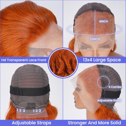 Short Bob Wig 350 Ginger Orange 16 Inch 180% Density Human Hair 13x4 HD Transparent Lace Front Wig with Baby Hair for Women