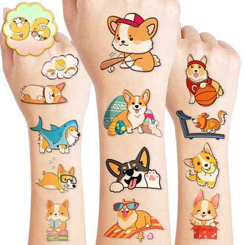 96PCS Corgi Temporary Tattoos for Kids ? Pre-Cut Dog Stickers for Birthday Party Favors, Classroom Prizes, Baby Shower, Stocking Stuffers ? Cute Puppy-Themed Gifts for Boys & Girls