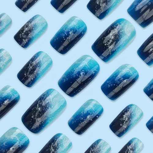 Medium Square Nails Press Ons Blue Press on Nails Blue Marble Designs False Nails Full Cover Artificial Acrylic Nails 24pcs-Deep Ocean Waves