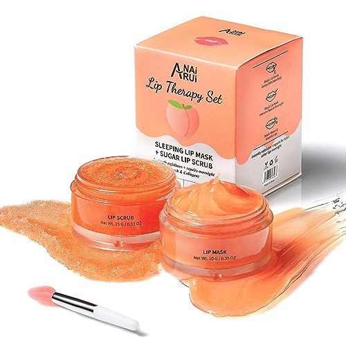 ANAI RUI Lip Care Kit - Mask & Scrub Set, Gift for Mother Girls, Overnight Treatment With Sleeping Mask & Sugar Exfoliator, Moisturizer for Dry, Chapped, Dark Lips, Peach
