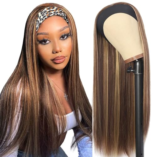 Highlight Ombre Straight Headband Wigs Human Hair Ombre Headband Wig for Women Machine Made Wig Brazilian Virgin Human Hair 150% Density 22 Inch