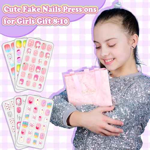 144 Pcs Press on Nails for Kids, Girls Fake Nails with Glue Kit, Cute Nails Tips with Jelly Nail Adhesive Teen Stick ons Acrylic Nails Gift Set for Girls 8-12