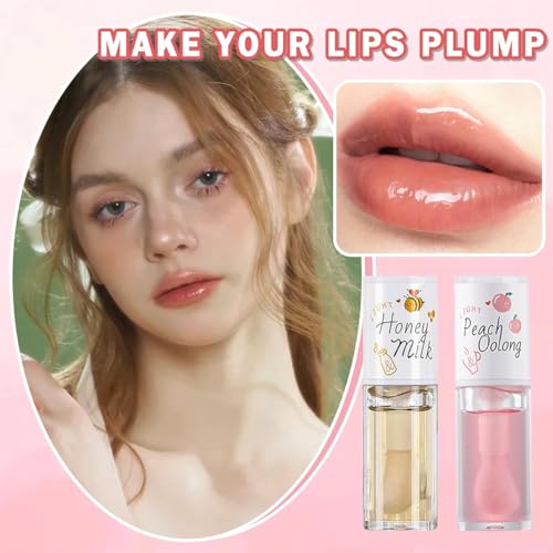 4Pcs Hydrating Clear Lip Oil,Crystal Jelly Honey Lip Gloss with Big Brush,Long Lasting Nourishing Lip Care Lip Glow Oil,Moisturizing Tinted Lip Balm,Fresh Texture Flavoring Oil Lip Makeup