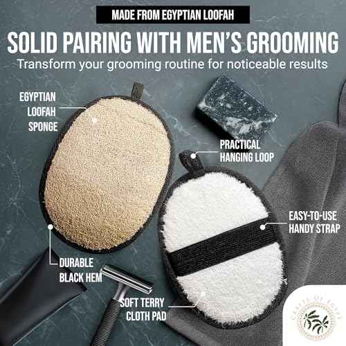 Loofah Body Scrubber for Men ? Body Wash & Scrubbing Luffa, Rugged Yet Gentle Lufas for Smoother & Healthier Skin, Terry Cloth Pad for Manly Skin Care, Black & White Masculine Design Loufas Sponge