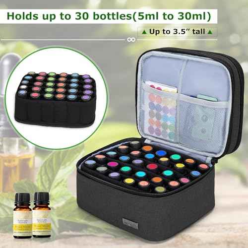 LUXJA Essential Oil Carrying Case - Holds 30 Bottles (5ml-30ml, Also Fits for Roller Bottles), Double-Layer Organizer for Essential Oil and Accessories, Black (Bag Only)