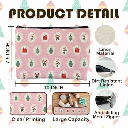 Pink Red and Green Christmas Makeup Bag, Christmas Mistletoe Candy Canes Cosmetic Bags for Women, Preppy Xmas Holiday Zipper Makeup Pouch Travel Toiletry Bag