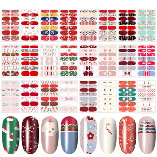 336 Pieces 24 Sheets Christmas Nail Stickers Adhesive Nail Wraps Nail Art Stickers Full Wraps Nail Polish Stickers for Women with Nail File, Cuticle Stick(Cute Series)