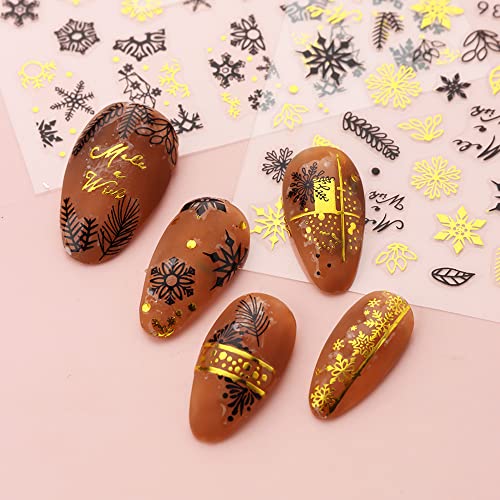 4 Sheets Christmas Nail Stickers Snowflake Nails Black Gold Christmas Nail Art Decorations Winter Snow Flake Elk Abstract French Self-Adhesive Design Nail Art Decals for Women New Years Nail Supplies