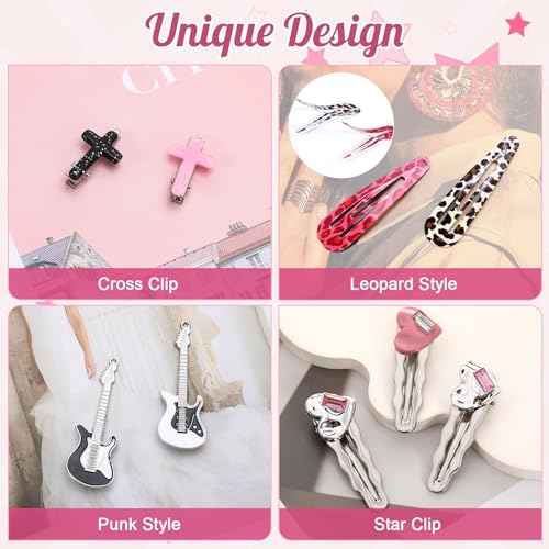 30 Pcs Y2K Hair Clips Set for Girls Women Kawaii Star, Retro Cross Guitar Leopard Print Non-Slip Barrettes Cute 2000s Hair Accessories for Kids